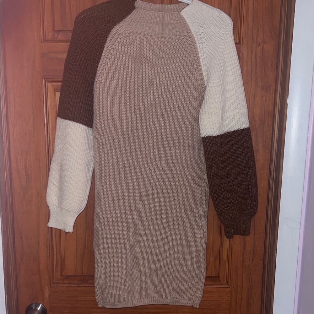 SHEIN Beige, Cream & Brown Colorblock Knit Sweater Dress